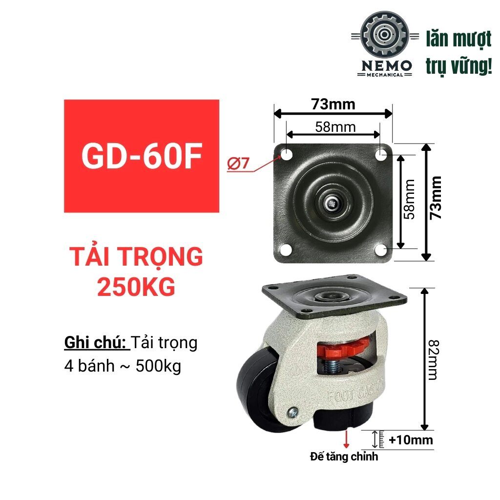Bánh xe liền chân tăng chỉnh độ cao/thấp cho thiết bị y tế, bàn máy, tủ điện, tải trọng 50-750kg